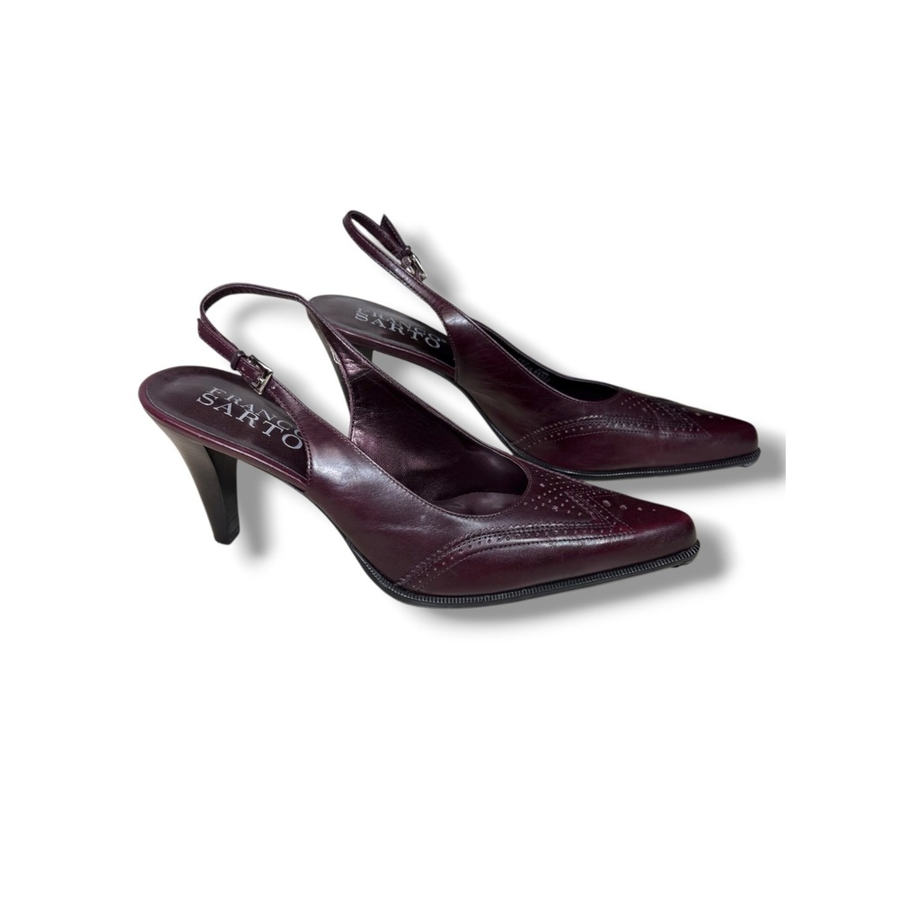 Franco Sarto Women's 8.5M Burgundy Leather Pointed Toe Slingback Brogue Pumps